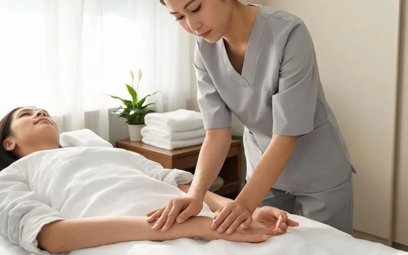 Séance de formation professionnelle au drainage lymphatique : une formatrice montre la gestuelle manuelle sur un modèle allongé en cabinet de bien-être