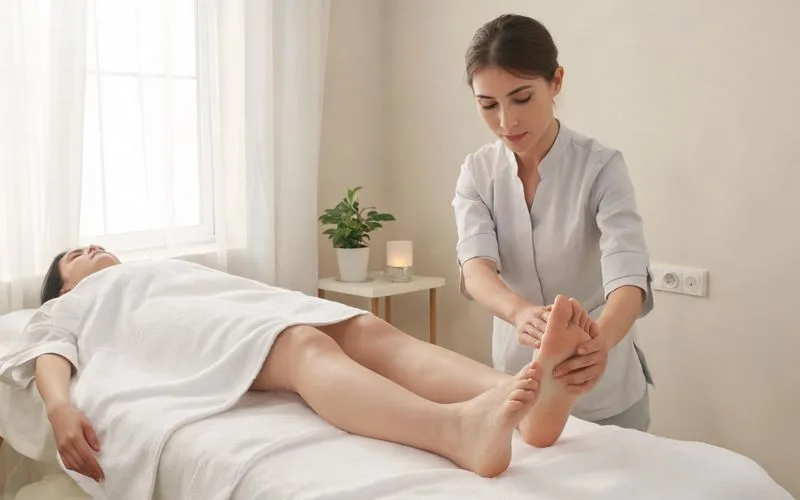Praticienne en drainage lymphatique effectuant un massage manuel doux sur les jambes d'une cliente allongée en cabine de soin