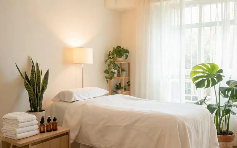 Cabine de soin aménagée pour une formation au drainage lymphatique manuel, table de soin et matériel pédagogique