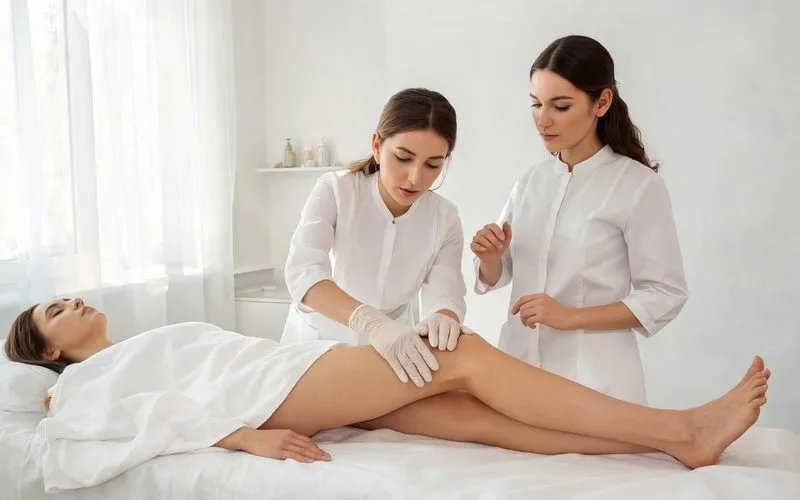 Esthéticienne en formation de drainage lymphatique, guidée par une formatrice, effectuant des manœuvres douces sur la jambe d'un modèle en cabine de soin