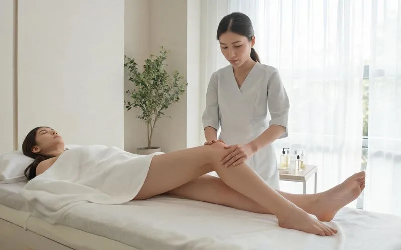 Praticienne en drainage lymphatique réalisant un massage manuel sur les jambes d'une cliente en cabine de soin